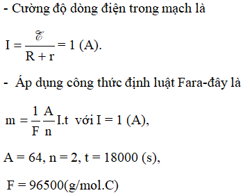 Một bình điện phân dung dịch CuSO<sub>4</sub> có anốt làm bằng đồng, điện trở của bình điện phân R = 8 (W), 105 vào hai cực của bộ nguồn E = 9 (V), điện trở trong r =1 (W). Khối lượng Cu bám vào catốt trong thời gian 5 h có giá trị là: