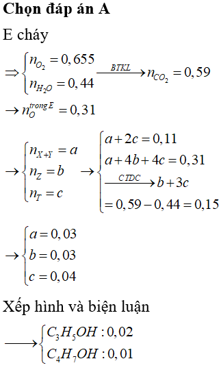 X, Y (M<sub>X</sub> < M<sub>Y</sub>) là hai chất hữu cơ kế tiếp thuộc dãy đồng đẳng ancol anlylic; Z là axit no hai chức; T là este tạo bởi X, Y, Z. Đốt cháy 12,92 gam hỗn hợp E chứa X, Y, Z, T (đều mạch hở) cần dùng 14,672 lít O<sub>2</sub> (đktc) thu được 7,92 gam nước. Mặt khác 12,92 gam E làm mất màu vừa đủ dung dịch chứa 0,11 mo Br<sub>2</sub>. Hiệu số mol của X và Y (n<sub>X</sub>–n<sub>Y</sub>) trong E là?