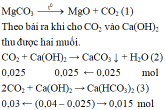 Nung nóng m gam MgCO3đến khi khối lượng không đổi thì thu được V lít khí CO2(ở đktc). Hấp thụ hoàn toàn V lít CO2vào 400 ml dung dịch CaOH2 0,1 M thì thu được 2,5 gam kết tủa và dung dịch X. Cho dung dịch NaOH dư vào X thì thu được a gam kết tủa. Giá trị của V và a là: