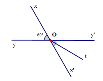 Cho hai đường thẳng xx’ và yy’ cắt nhau tại O sao cho \(\widehat {xOy} = {60^o}\). Gọi Ot là tia phân giác của \(\widehat {x'Oy}'\). Số đo \(\widehat {xOt}\) là: