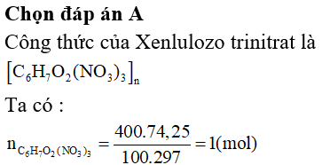 Xenlulozo trinitrat còn gọi là pyroxilin, khi nổ không tạo khói nên gọi là thuốc nổ ( súng) không khói, sản phẩm của sự phân hủy này gồm N2, CO, CO2 và hơi nước. Khi cho nổ 400 gam pyroxilin (có 25,75% khối lượng là tạp chất trơ) thì sinh ra tổng thể tích khí (ở đktc) là: