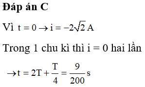 Dòng điện xoay chiều chạy qua một đoạn mạch có biểu thức i=22sin100πt-π2 A (t tính bằng giây). Tính từ lúc 0 s, dòng điện có cường độ bằng không lần thứ năm vào thời điểm