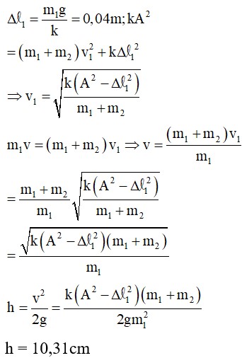 Cho cơ hệ như hình vẽ, lò xo có khối lượng không đáng kể có độ cứng k = 50N/m, vật m<sub>1</sub> = 200g vật m<sub>2</sub> = 300g. Khi m<sub>2</sub> đang cân bằng ta thả m<sub>1</sub> rơi tự do từ độ cao h (so với m<sub>2</sub>). Sau va chạm m<sub>1</sub> dính chặt với m<sub>2</sub>, cả hai cùng dao động với biên độ A = 7cm, lấy g = 10 m/s<sup>2</sup>. Độ cao h là
