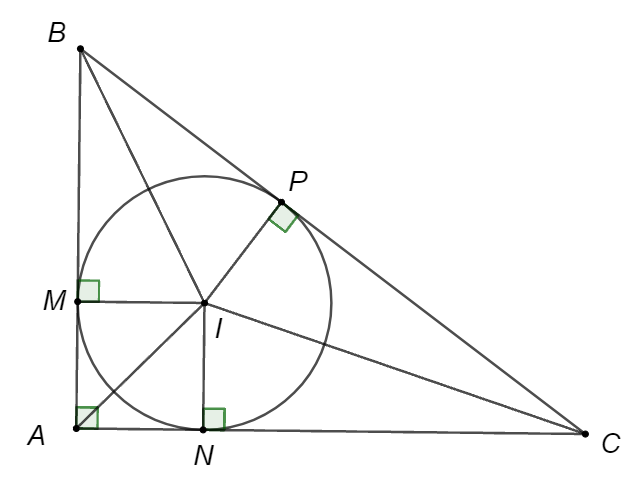 Cho \[\Delta ABC\] vuông tại \[A\], có \[AB = 6{\rm{ cm}}\] và \[AC = 8{\rm{ cm}}\] ngoại tiếp đường tròn \[\left( {I;{\rm{ }}r} \right)\]. Bán kính \[r\] của đường tròn là