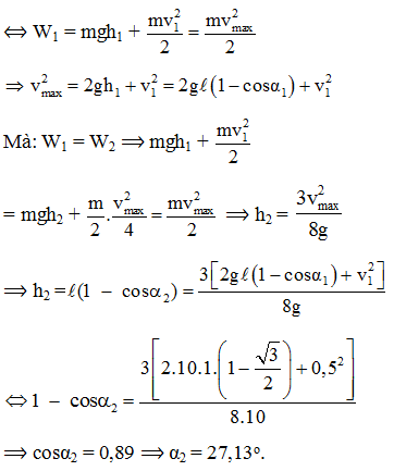 Một vật nhỏ được treo vào đầu tự do của một sợi dây mảnh, không dãn có chiều dài 1 m. Ban đầu kéo cho dây treo hợp với phương thẳng đứng góc 30 rồi chuyền cho vật vận tốc 0,5 m/s hướng về vị trí cân bằng. Bỏ qua mọi ma sát, lấy g=10m/s2. Tại vị trí vật có vận tốc bằng một nửa vận tốc cực đại thì góc hợp giữa dây treo hợp với phương thẳng đứng là