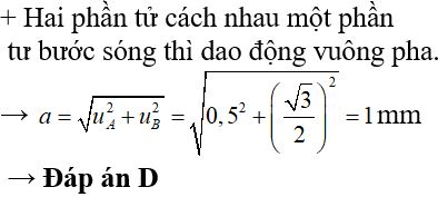 Trên một sợi dây đàn hồi có hai điểm A, B cách nhau một phần tư bước sóng. Tại thời điểm t, phần tử sợi dây ở A và B có li độ tương ứng là 0,5 mm và 32 mm phần tử ở A đang đi xuống còn ở B đang đi lên. Coi biên độ sóng không đổi. Sóng này có biên độ