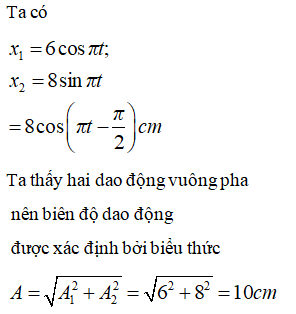 Hai dao động điều hòa có cùng phương có phương trình li độ lần lượt là x1 = 6cos(πt), x2 = 8sin(πt). Dao động tổng hợp của hai dao đông này có biên độ là