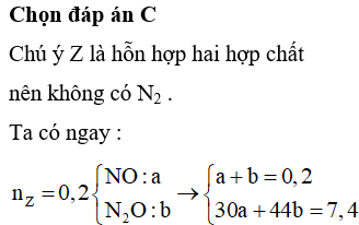 Hòa tan hoàn toàn 25,3 gam hỗn hợp X gồm Mg, Al, Zn bằng dung dịch HNO<sub>3</sub>. Sau khi phản ứng kết thúc thu được dung dịch Y và 4,48 lít (đktc) khí Z (gồm hai hợp chất khí không màu) có khối lượng 7,4 gam. Cô cạn dung dịch Y thu được 122,3 gam hỗn hợp muối. Tính số mol HNO<sub>3</sub> đã tham gia phản ứng