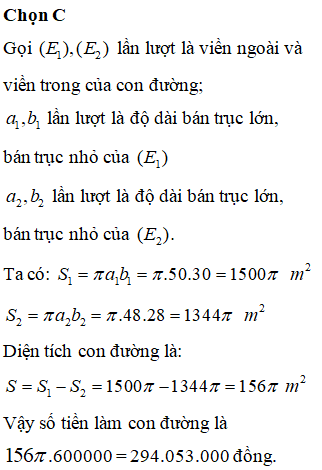 Sân chơi cho trẻ em hình chữ nhật có chiều dài 100m và chiều rộng là 60m. Người ta làm một con đường nằm trong sân. Biết viền ngoài và viền trong của con đường là hai đường elip, elip của viền ngoài có trục lớn và trục bé lần lượt song song với các cạnh của hình chữ nhật và chiều rộng của mặt đường là 2m. Kinh phí của mỗi m<sup>2</sup> làm đường là 600.000 đồng. Tính tổng số tiền làm con đường đó.