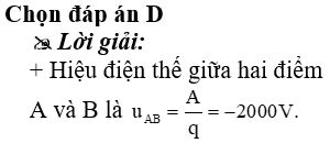 Công của lực điện trường dịch chuyển một điện tích -2μC từ A đến B là 4 mJ. Hiệu điện thế giữa hai điểm A và B là