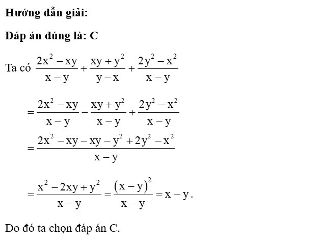 Thực hiện phép tính 2x2-xyx-y+xy+y2y-x+2y2+x2x-y ta được kết quả là