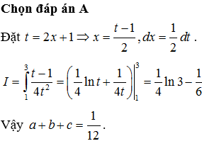 Cho ∫01xdx2x+12=a+bln2+cln3 với a, b, c là các số hữu tỉ. Giá trị của a+b+c bằng