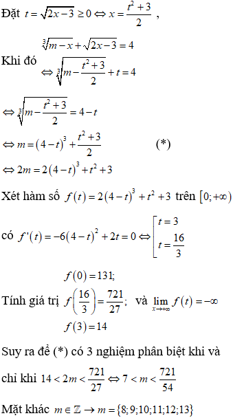 Số giá trị nguyên của tham số m để phương trình m−x3+2x−3=4 có ba nghiệm phân biệt là: