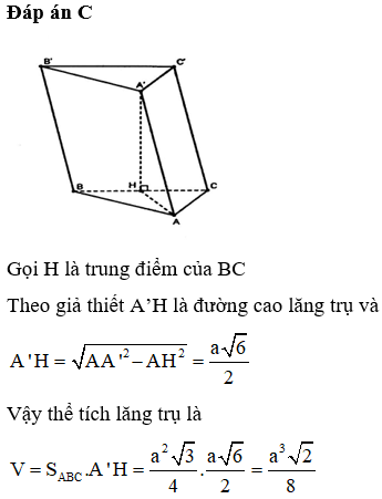 Cho lăng trụ ABC.A’B’C’ có đáy ABC là tam giác đều cạnh a, AA'=3a/2. Biết rằng hình chiếu vuông góc của A’ lên (ABC) là trung điểm BC. Tính thể tích V của khối lăng trụ đó