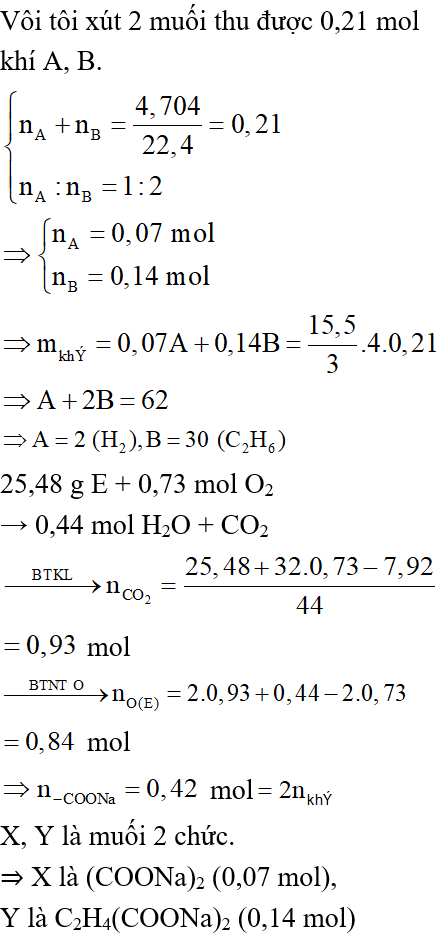 Hỗn hợp E chứa 2 axit cacboxylic và 1 este đều mạch hở, không phân nhánh và không chứa nhóm chức khác. Đốt cháy 25,48 gam E cần dùng 0,73 mol O<sub>2</sub> thu được 7,92 gam nước. Hiđro hóa hoàn toàn 25,48 gam E thu được hỗn hợp F. Đun nóng F với dung dịch NaOH vừa đủ thu được một ancol Z có khối lượng 7,36 gam và 2 muối X, Y có tỉ lệ mol tương ứng 1 : 2 (M<sub>X</sub> < M<sub>Y</sub>). Đun nóng 2 muối với vôi tôi xút thu được 4,704 lít (đktc) hỗn hợp khí có tỉ khối so với He bằng 15,5/3. Phần trăm khối lượng của axit có khối lượng phân tử lớn trong E là
