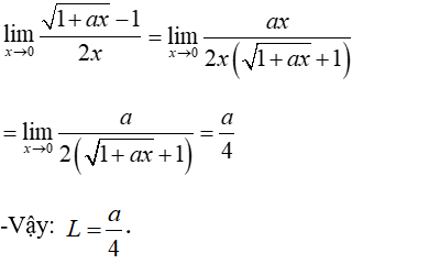 Giả sử limx→01+ax-12x=L. Hệ số a bằng bao nhiêu để L = 3 ?