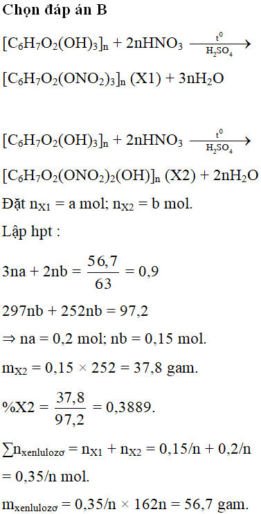 Cho m gam xenlulozơ tác dụng vừa đủ với 56,7 gam HNO3 có trong hỗn hợp HNO3 đặc và H2SO4 đặc, tạo thành 97,2 gam hỗn hợp X gồm xenlulozơ đinitrat và xelulozơ trinitrat. Giá trị m và thành phần phần trăm về khối lượng của xenlulozơ đinitrat trong X lần lượt là: