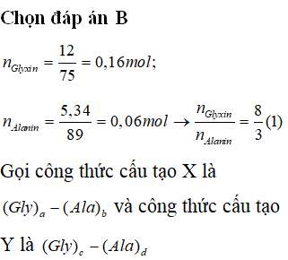 Hỗn hợp M gồm hai peptit X và Y, chúng cấu tạo từ một amino axit và có tổng số nhóm -CO-NH- trong 2 phân tử là 5 với tỉ lệ mol nX:nY=1:2. Thủy phân hoàn toàn m gam M thu được 12 gam glixin và 5,34gam alanin. Giá trị của m