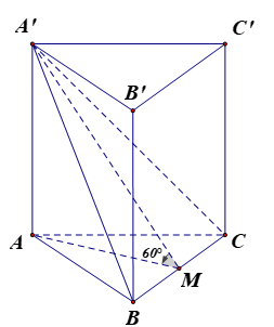 Cho lăng trụ tam giác đều ABCA'B'C có cạnh đáy bằng 2a, góc giữa ( A'BC) và mặt phẳng đáy bằng 60°. Thể tích khối lăng trụ ABC.A'B'C' bằng