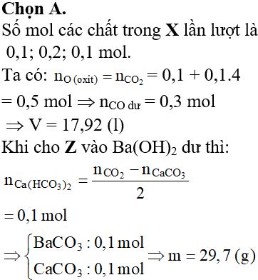 Thổi từ từ V lít CO (đktc) đi qua ống sứ đựng 51,6 gam hỗn hợp X gồm CuO, Al<sub>2</sub>O<sub>3</sub> và Fe<sub>3</sub>O<sub>4</sub> (tỉ lệ mol lần lượt 1 : 2 : 1). Các phản ứng xảy ra hoàn toàn, kết thúc phản ứng thu được hỗn hợp khí Y có tỉ khối so với H<sub>2</sub> bằng 19. Cho toàn bộ lượng khí Y hấp thụ vào dung dịch Ca(OH)<sub>2</sub> thu được 30 gam kết tủa và dung dịch Z. Cho dung dịch Z phản ứng với lượng dư dung dịch Ba(OH)<sub>2</sub> dư thấy tạo thành m gam kết tủa. Giá trị của V và m lần lượt là