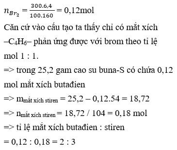 Cứ 25,2 gam cao su buna-S phản ứng hết với 300 gam dung dịch Br2 6,4%. Tỉ lệ mắt xích butađien và stiren trong cao su buna-S là