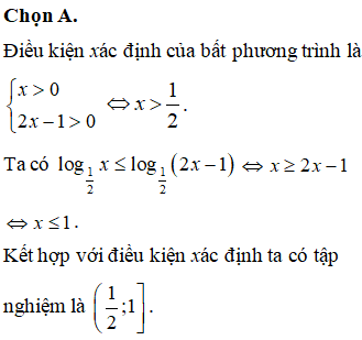 Tập nghiệm của bất phương trình log12x≤log122x−1 là