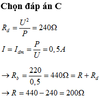Để bóng đèn 120V – 60W sáng bình thường ở mạng điện có hiệu điện thế 220 V người ta mắc nối tiếp nó với điện trở phụ R. R có giá trị