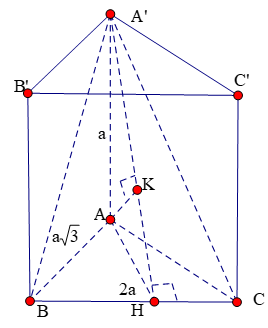 Cho hình lăng trụ đứng ABC.A'B'C'. Cạnh bên AA' = a, ABC là tam giác vuông tại A có BC = 2a, AB = a3. Tính khoảng cách từ đỉnh A đến mặt phẳng (A'BC)