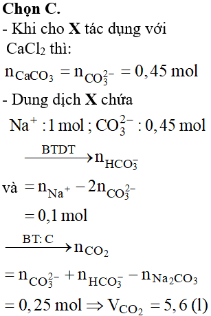 Hấp thụ hoàn toàn V lít CO<sub>2</sub> ( đktc) vào 200 ml dung dịch gồm NaOH 2M và Na<sub>2</sub>CO<sub>3</sub> 1,5M thu được dung dịch X. Cho toàn bộ dung dịch X tác dụng hết với dung dịch CaCl<sub>2</sub> dư thu được 45 gam kết tủa. Giá trị của V có thể là