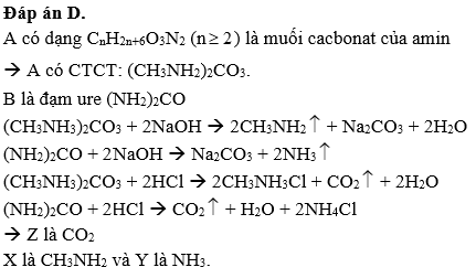 Chất A có công thức phân tử C<sub>3</sub>H<sub>12</sub>N<sub>2</sub>O<sub>3</sub>. Chất B có công thức phân tử là CH<sub>4</sub>N<sub>2</sub>O. A, B lần lượt phản ứng với dung dịch HCl cũng cho ra một khí Z. Mặt khác, khi cho A, B tác dụng với dung dịch NaOH thì A cho khí X còn B cho khí Y.Phát biểu nào sau đâyđúng?