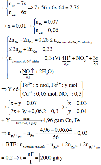 Cho 7,76 gam hỗn hợp X gồm Fe và Cu nFe:nCu=7:6 tác dụng với dung dịch chứa 0,4 mol HNO<sub>3</sub>, thu được dung dịch Y và khí NO (sản phẩm khử duy nhất của N<sup>+5</sup>). Tiến hành điện phân dung dịch Y với điện cực trơ, cường độ dòng điện không đổi I = 9,65A trong thời gian t giây, thấy khối lượng catot tăng 4,96 gam (kim loại sinh ra bám hết vào catot). Giá trị của t là