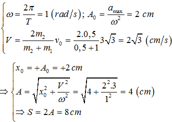 Một con lắc lò xo dao động điều hòa trên mặt phẳng nằm ngang với chu kỳ T=2π (s), quả cầu nhỏ có khối lượng m1. Khi lò xo có độ dài cực đại và vật m1 có gia tốc là -2cm/s2 thì một vật có khối lượng m2 (m1=2m2) chuyển động dọc theo trục của lò xo đến va chạm đàn hồi xuyên tâm với vật m1, có xu hướng làm lò xo nén lại. Biết tốc độ chuyển động của vật m2 ngay trước lúc va chạm là 33cm/s . Quãng đường mà vật m1 đi được từ lúc va chạm đến khi vật m1 đổi chiều chuyển động là