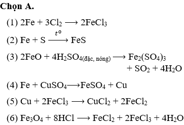 Thực hiện các thí nghiệm sau: (1) Đốt dây sắt trong khí clo. (2) Đốt cháy hỗn hợp sắt và lưu huỳnh (trong điều kiện không có không khí). (3) Cho sắt (II) oxit vào dung dịch axit sunfuric đặc nóng. (4) Cho sắt vào dung dịch đồng (II) sunfat. (5) Cho đồng vào dung dịch sắt (III) clorua. (6) Cho oxit sắt từ tác dụng với dung dịch axit clohidric. Số thí nghiệm tạo ra muối sắt (II) là