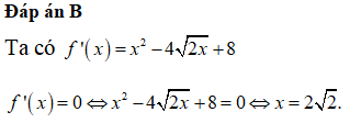 Cho hàm số f(x)=13x3-22x2+8x-1 Tập hợp những giá trị của x để f'(x) = 0 là