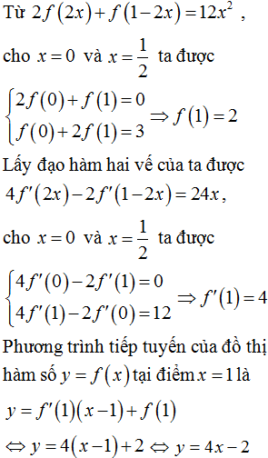 Cho hàm số y=f(x) có đạo hàm liên tục trên ℝ, thỏa mãn 2f2x+f1-2x=12x2. Tìm phương trình tiếp tuyến của đồ thị hàm số y=f(x) tại điểm có hoành độ x=1