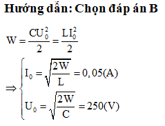 Cho một mạch dao động điện từ gồm một tụ điện có điện dung 8 (pF) và một cuộn cảm có độ tự cảm 200 (μH). Bỏ qua điện trở thuần của mạch. Năng lượng dao động của mạch là 0,25 (μJ). Tính giá trị cực đại của dòng điện và hiệu điện thế trên tụ