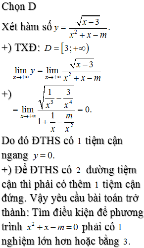 Tìm số giá trị nguyên thuộc đoạn [-209;2019] của tham số m để đồ thị hàm số y=x-3x2+x-m có đúng hai đường tiệm cận