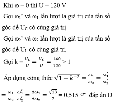 Đặt điện áp u = U2 cosωt (V) (U không đổi, ω thay đổi được) vào hai đầu đoạn mạch mắc nối tiếp gồm cuộn cảm thuần có độ tự cảm L, điện trở thuần R và tụ điện có điện dung C. Hình vẽ là đồ thị phụ thuộc ω của điện áp hiệu dụng trên L và điện áp hiệu dụng trên C. Tỉ số △ω1△ω2 gần giá trị nào nhất sau đây