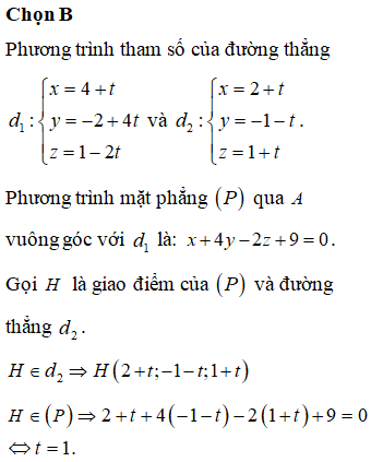 Trong không gian với hệ tọa độ Oxyz, cho điểm A(1;-1;3) và hai đường thẳng d1:x−41=y+24=z−1−2; d2:x−21=y+1−1=z−11⋅ Phương trình đường thẳng qua A vuông góc với d<sub>1</sub> và cắt d<sub>2</sub>.