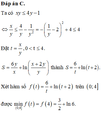 Cho hai số thực dương x, y thỏa mãn xy≤4y−1. Tìm giá trị nhỏ nhất của biểu thức S=6yx+lnx+2yy.