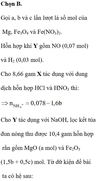 Hòa tan hoàn toàn 17,32 gam hỗn hợp X gồm Mg, Fe<sub>3</sub>O<sub>4</sub> và Fe(NO<sub>3</sub>)<sub>2</sub> cần vừa đủ dung dịch hỗn hợp gồm 1,04 mol HCl và 0,08 mol HNO<sub>3</sub> đun nhẹ, thu được dung dịch Y và 2,24 lít hỗn hợp khí Z (đktc) có tỉ khối so với H<sub>2</sub> là 10,8 gồm hai khí không màu trong đó có một khí hóa nâu trong không khí. Cho dung dịch Y tác dụng với một lượng dung dịch AgNO<sub>3</sub> vừa đủ thu được m gam kết tủa và dung dịch T. Cho dung dịch T tác dụng với một lượng dư dung dịch NaOH, lọc kết tủa nung đến khối lượng không đổi thu được 20,8 gam chất rắn. Biết các phản ứng xảy ra hoàn toàn, giá trị của m là