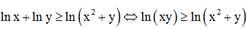 Cho x, y là các số thực dương thỏa mãn lnx + lny ≥ ln(x<sup>2</sup>+y) là các số thực dương thỏa mãn P = x + y