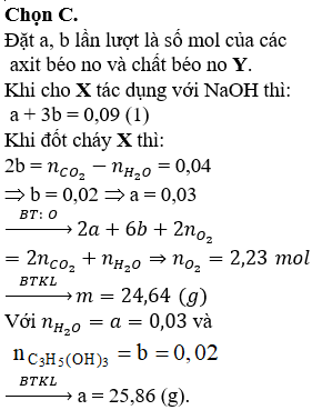 Hỗn hợp X gồm axit panmitic, axit stearic và triglixerit Y. Đốt cháy hoàn toàn m gam X, thu được 1,56 mol CO<sub>2 </sub>và 1,52 mol H<sub>2</sub>O. Mặt khác, m gam X tác dụng vừa đủ với 0,09 mol NaOH trong dung dịch, thu được glixerol và dung dịch chỉ chứa a gam hỗn hợp muối natri panmitat, natri stearat. Giá trị của a là