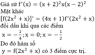 Cho hàm số y = f(x) có đạo hàm liên tục trên R và có đồ thị hàm số y = f'(x) như hình vẽ. Hàm số y=f(2x2+x) có bao nhiêu cực trị?