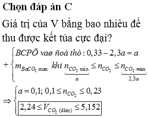 Sục V lít khí CO<sub>2</sub> (đktc) vào dung dịch chứa hỗn hợp Ba(OH)<sub>2</sub> và KOH, kết quả thí nghiệm được biểu diễn bằng đồ thị sau: Giá trị của V bằng bao nhiêu để thu được kết tủa cực đại?