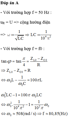 Đặt điện áp xoay chiều u có giá trị hiệu dụng U không đổi và tần số f thay đổi được) vào hai đầu đoạn mạch gồm điện trở R, cuộn cảm thuần có độ tự cảm L và tụ điện có điện dung C mắc nối tiếp. Biết RL=100π(rad/s). Nếu tần số f = 50 Hz thì điện áp uR ở hai đầu điện trở R có giá trị hiệu dụng bằng U. Để trễ pha uR so với u thì ta phải điều chỉnh tần số f đến giá trị f0. Giá trị f0<sub> </sub> gần nhất với giá trị nào sau đây?