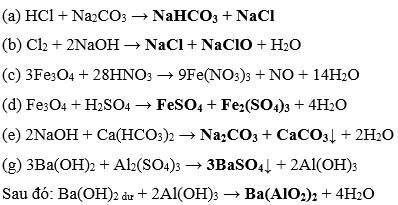 Tiến hành các thí nghiệm sau: (a) Cho từ từ a mol HCl vào dung dịch chứa a mol Na<sub>2</sub>CO<sub>3</sub>. (b) Sục khí Cl<sub>2</sub> vào dung dịch NaOH loãng. (c) Cho Fe<sub>3</sub>O<sub>4</sub> vào dung dịch HNO<sub>3</sub> loãng, dư. (d) Cho Fe<sub>3</sub>O<sub>4</sub> vào dung dịch H<sub>2</sub>SO<sub>4</sub> loãng, dư. (e) Cho dung dịch NaOH vào dung dịch Ca(HCO<sub>3</sub>)<sub>2</sub> dư. (g) Cho dung dịch Al<sub>2</sub>(SO<sub>4</sub>)<sub>3</sub> vào dung dịch Ba(OH)<sub>2</sub> dư. Sau khi kết thúc các phản ứng, số thí nghiệm tạo ra hai muối là: