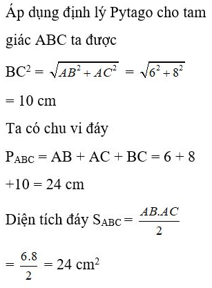 Tính thể tích của hình lăng trụ đứng có chiều cao 20 cm, đáy là một tam giác vuông có các cạnh góc vuông bằng 8 cm và 10 cm: