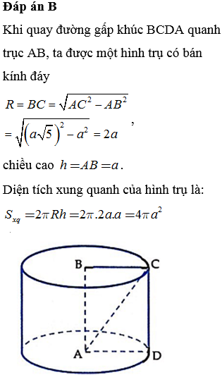 Trong không gian cho hình chữ nhật ABCD có AB=a,AC=a5. Tính diện tích xung quanh Sxq của hình trụ khi quay đường gấp khúc BCDA quanh trục AB