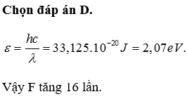 Trong chân không, một ánh sáng có bước sóng là 0,60 μm. Năng lượng của phôtôn ánh sáng này bằng